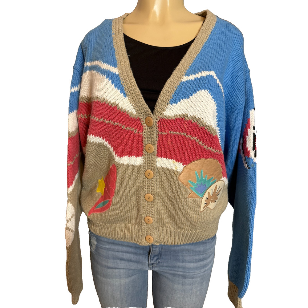 Sharon Young Coastal Fish Shell Knit Cardigan Cotton Sweater Medium - Picture 5 of 13